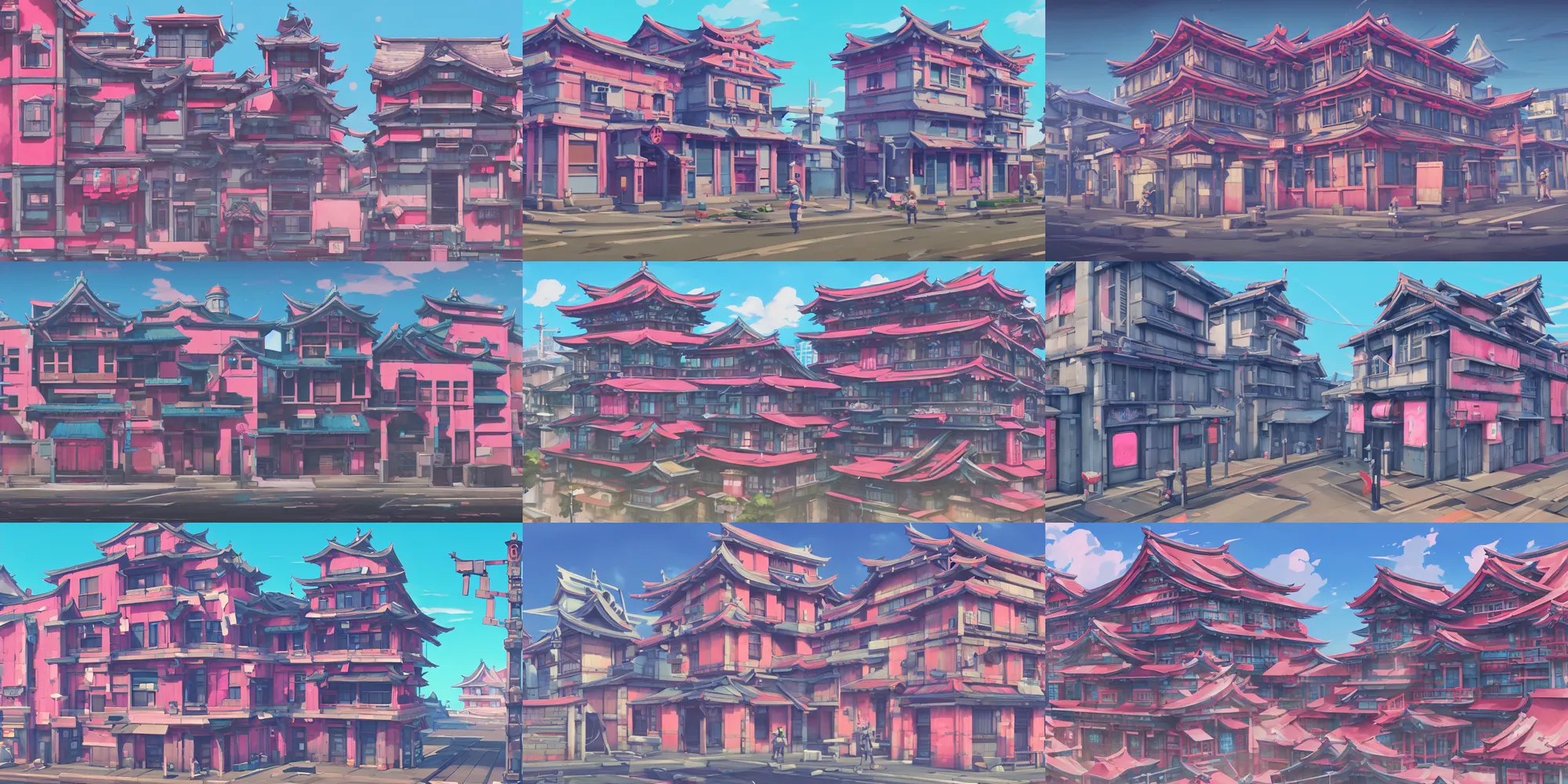 Prompt: game asset of japanese building facade front view, in gouache detailed paintings, props, stylized, 2 d sprites, kitbash, arcane, overwatch, blue and pink color scheme, 8 k, close up