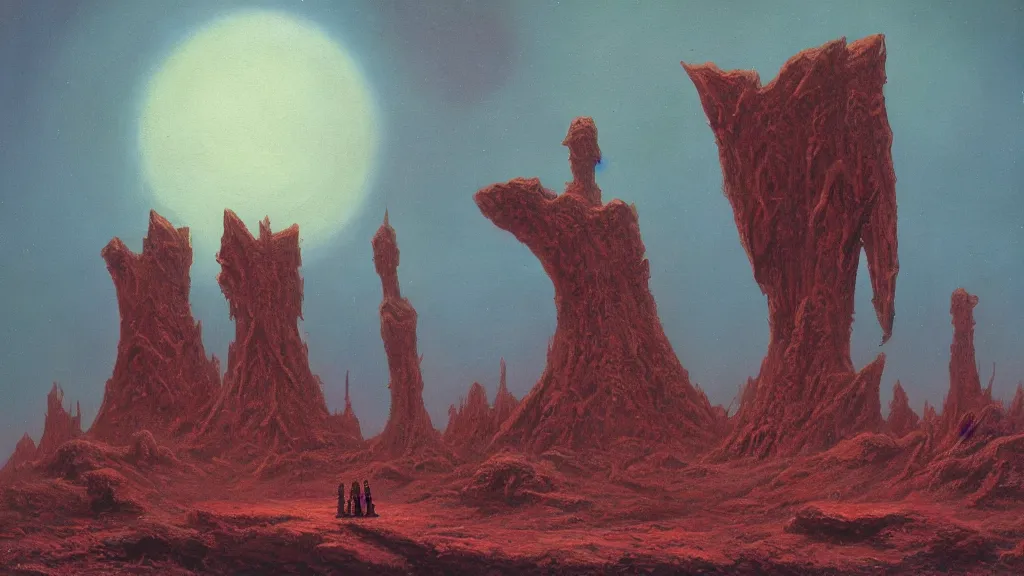 Image similar to mysterious sculpture of an alien civilization by paul lehr and john schoenherr, cinematic matte painting