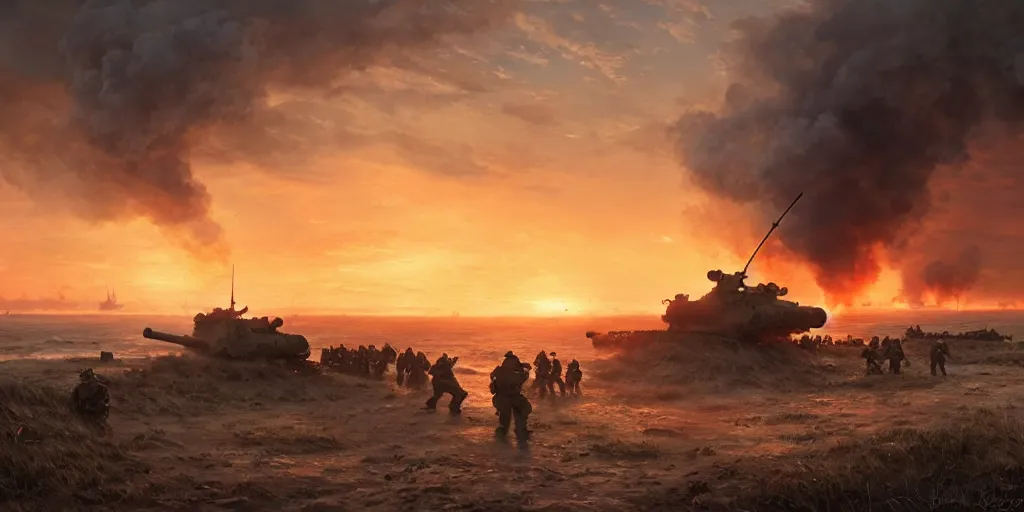 Image similar to the normandy landings, d - day, 1 9 4 5, sunset, chaos, smoke, fire, soldiers charging in, airplanes fighting in the sky, destroyed tanks, highly detailed, wide shot, sadness, cinematic, ultra realistic, ray tracing, painting by jessica rossier and ivan shishkin