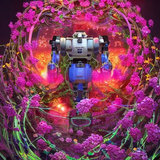 Image similar to colourful vfx art - portrait of army mecha robot wrapped in flowers & vines, art by utagawa kunisada & james jean, volumetric light, ray tracing, sharp, detailed, digital painting, illustration, highly detailed, intricate detail, unreal engine, octane render, global light, pinterest, behance, art station,