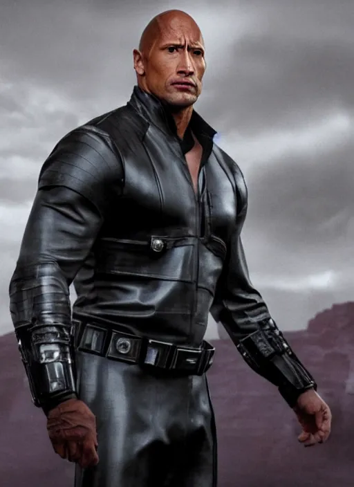 Prompt: dwayne johnson portraying a beautiful mara jade from star wars legends, in a black suit, without lightsaber, movie, hyper realistic, hollywood promotional image, imax, 8 k