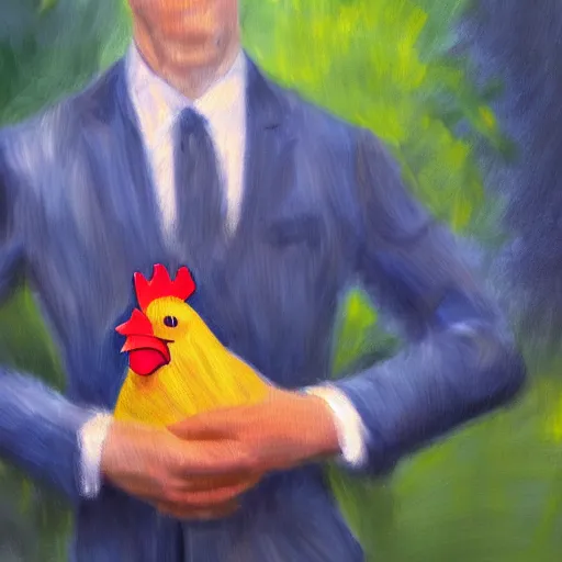 Image similar to a high quality photo of a chicken wearing a suit, Impressionism, 8k