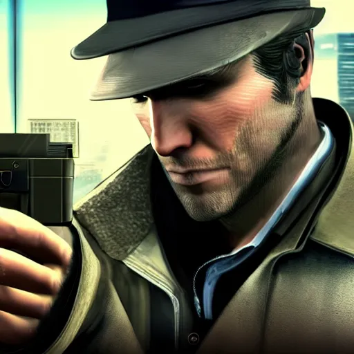 Prompt: aiden pearce from Watch Dogs pointing a gun directly to the camera mad eyes