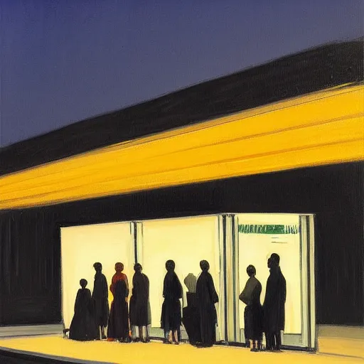 Image similar to a some people waiting in a lone bus stop in quiet dark city night painted by Alex Katz and Edward Hopper, high quality, high resolution,detailed