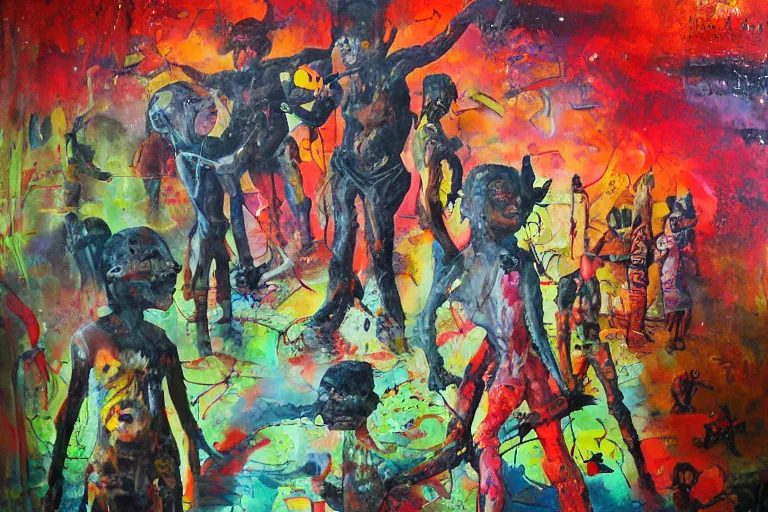 Image similar to artistic dirty art acrylic painting, paint brushstrokes and squeegeed dirty artwork, art by mark fredrickson style reminiscent of illustrative children books, surreal, human figures, low tons colors, futuristic world leaders of terror 2 1 th century