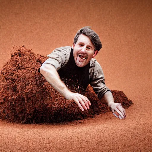 Image similar to a man sliding through brown pudding, professional photo, funny