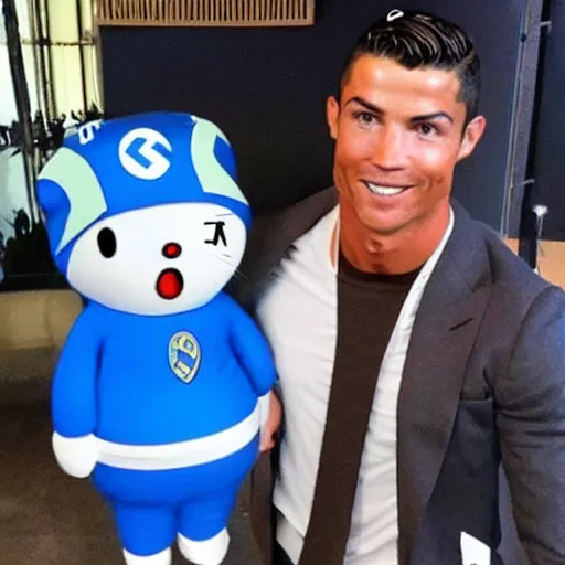 Image similar to cristiano ronaldo wearing a nazi uniform hanging with doraemon in japan