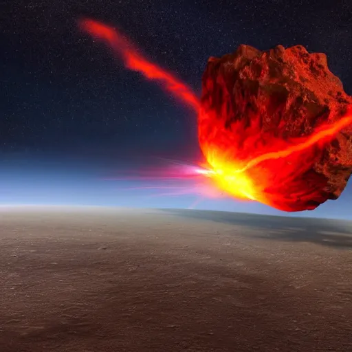 Prompt: a hot-red meteorite crashes into planet, fantastic landscape, fantasy, hyperrealism, no blur, 4k resolution, ultra detailed-i