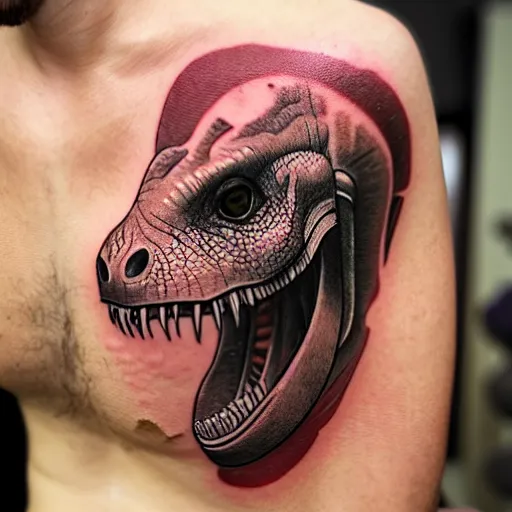 Prompt: a neotradtional style tattoo of a baby t - rex dinosaur head by brando chiesa, yeray perez and juan david rendon
