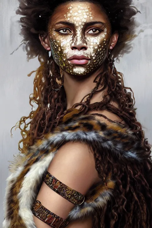 Image similar to portrait of a beautiful young aztec girl with vitiligo, covered in jaguar fur cloths, different colored eyes, curly black and brown hairs, by greg rutkowski and alphonse mucha, d & d character, gradient white to silver, highly detailed portrait, digital painting, artstation, concept art, smooth, sharp focus ilustration, artstation hq