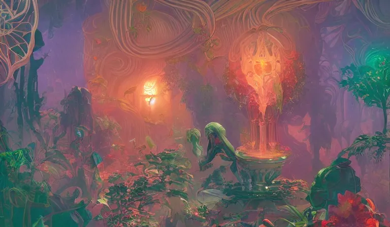Image similar to dreamlike cosmicpunk garden fantasycore, glossy painting, Art Nouveau Cosmic 4k Detailed Matte Illustration featured on Getty Images ,CGSociety, Jade and Carrot orange color scheme, Pastiche by Marc Simonetti, Pastiche by Cedric Peyravernay
