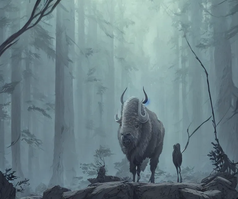 Prompt: a new animal inspired by bison and shoebill, digital art made by makoto shinkai, lois van baarle, greg rutkowski and jakub rebelka, highly detailed, symmetrical, extremely coherent, smooth, shaped focus, dystopian gray forest background