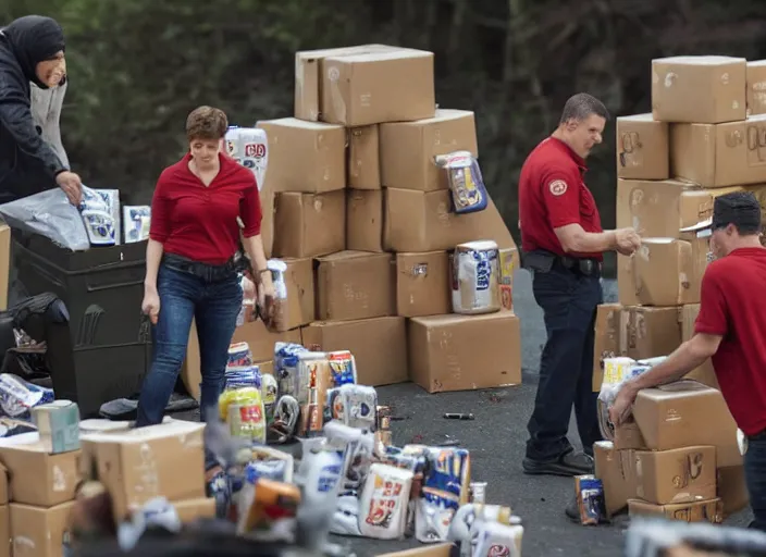 Image similar to film still of fbi agents searching boxes filled with coke cans and mcdonalds boxes in the new political thriller movie, 8 k