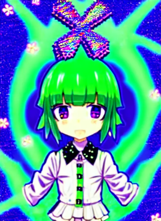 Image similar to a hologram of moe styled green haired yotsuba koiwai crossed fingers, wearing a gothic lolita decora spiked jacket, background full of lucky clovers and shinning stars, holography, irridescent