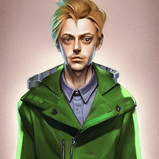 Image similar to beautiful portrait commission of a cute steve buscemi casual clothes in a futuristic mechanical laboratory coat. blonde hair. Green Eyes. character design by charlie bowater, ross tran, artgerm, and makoto shinkai, detailed, inked, western comic book art