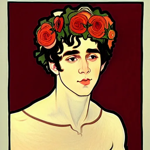 Prompt: painting of young cute handsome beautiful dark medium wavy hair man in his 2 0 s named shadow taehyung wearing a red rose hair crown at the cucumber soup party, somber, elegant, clear, painting, stylized, delicate, soft facial features, delicate facial features, soft art, art by alphonse mucha, vincent van gogh, egon schiele