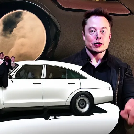 Prompt: elon musk shows off by getting into a 1 9 0 0 ford car, highly detailed, 8 k, masterpiece, super resolution.