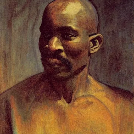 Image similar to a painting of a elegant, well fed, smooth-chinned, long nose, African, elder with few eyebrows by Henry Ossawa Tanner . thinker without facial hair, thoughtful, focused, visionary, calm, jovial, loving, fatherly, generous, . dramatic angle, ethereal lights, details, smooth, sharp focus, illustration, realistic, cinematic, artstation, award winning, rgb , unreal engine, octane render, cinematic light, macro, depth of field, blur, red light and clouds from the back, highly detailed epic cinematic concept art CG render made in Maya, Blender and Photoshop, octane render, excellent composition, dynamic dramatic cinematic lighting, aesthetic, very inspirational, arthouse.