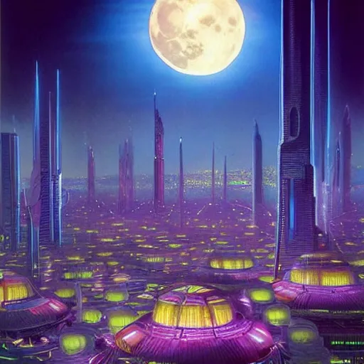 Image similar to full moon over futuristic city of light synthwave bright neon colors highly details cinematic vladimir kush, philippe dru, roger deal, michael whelan,