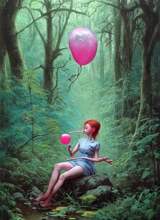 Image similar to bubblegum in the woods by a stream, river gorgeous lighting, lush forest foliage blue sky a hyper realistic painting by chiara bautista and beksinski and norman rockwell and greg rutkowski, tom bagshaw weta studio, and lucasfilm