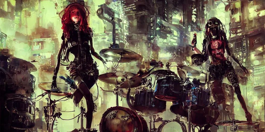 Prompt: Octopus girl playing R&R drum kit in the spotlight with rock band squid concert, cyberpunk, realistic, detailed, Industrial Scifi, paint, watercolor, in the style of Ashley Wood and Wadim Kashin