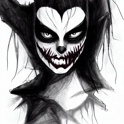 Image similar to an ink drawing of cracked white mask, scary smile, deviant art, artgerm