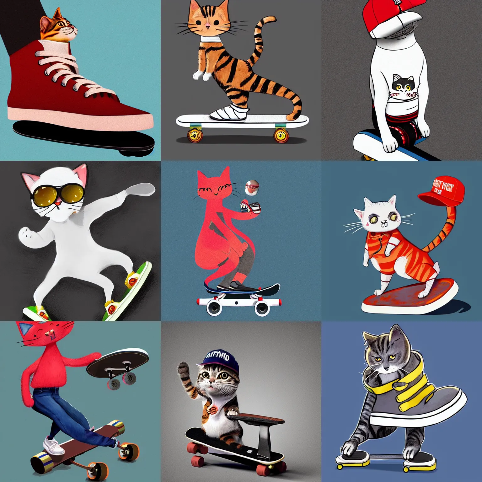 Prompt: a cat standing on its back legs, wearing high top sneakers and a baseball cap, riding a skateboard, by alexander williams, trending at artstation, award winning