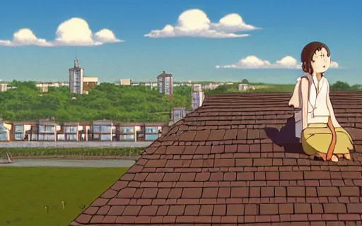 Image similar to a girl sitting on the roof of a building eating a sandwich, zoomed out, wide shot, far away, art by hayao miyazaki, studio ghibli film, hi res, 4k, high detail