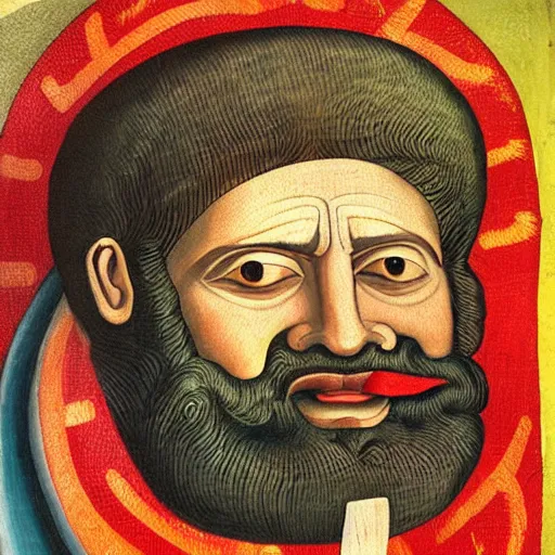 Image similar to portrait of ancient silly greek man with big eyes and sharp nose and open mouth. fine detail. artistic painting by lurid