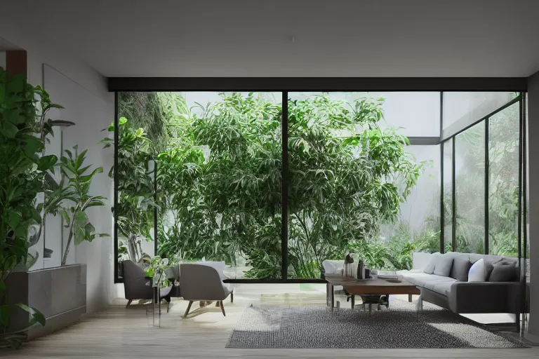 Image similar to a modern indoor room, open doors to garden, architecture a couch table some lush plants daylight 8 k octane render