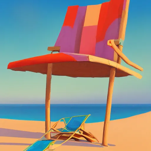 Prompt: beach chair with stiped umbrealla on the sand, metaphysical art, fantasy, surrealism, zbrush, unreal engine, vibrant, detailed, by gediminas pranckevicus, rhads, anton fadeev, and tim doyle, unreal engine, trending on artstation, masterpiece