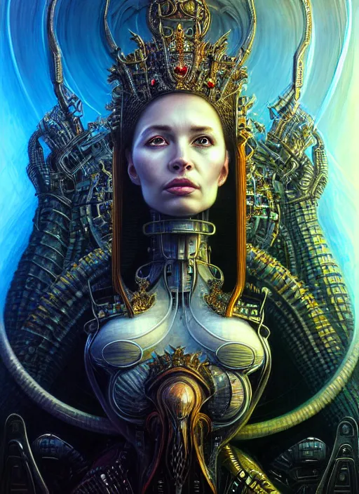 Prompt: closeup portrait shot of beautiful queen on cybertronic throne praying in a scenic dystopian environment, intricate, elegant, highly detailed, centered, digital painting, artstation, concept art, smooth, sharp focus, illustration, artgerm, tomasz alen kopera, peter mohrbacher, donato giancola, joseph christian leyendecker, wlop, boris vallejo