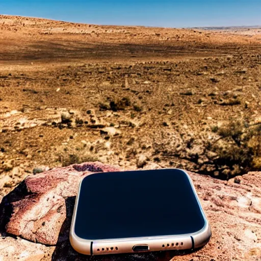 Prompt: An iPhone on a rock in Mitzpe Ramon under the sky