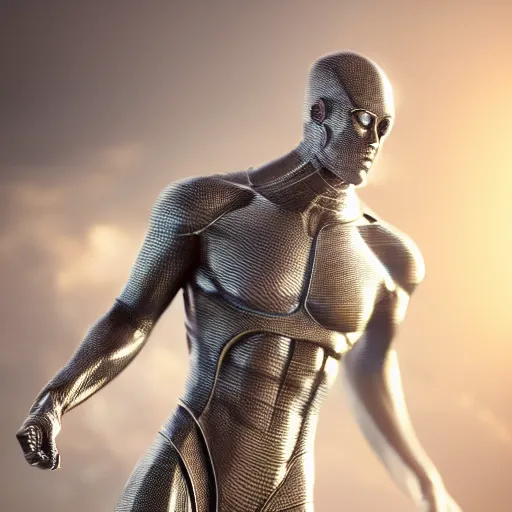 Image similar to full body pose, hyperrealistic photograph of silver surfer, dim volumetric lighting, 8 k, octane beautifully detailed render, extremely hyper detailed, intricate, epic composition, cinematic lighting, masterpiece, trending on artstation, very very detailed, stunning, hdr, smooth, sharp focus, high resolution, award, winning photo, dslr, 5 0 mm
