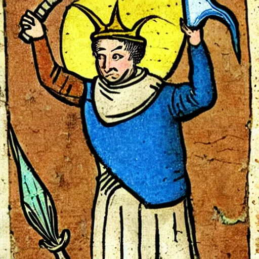 Image similar to a 1 8 th century illustration manuscript illustration of a medieval peasant holding a large blue trident above his head.