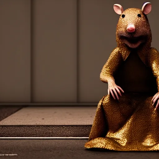 Prompt: a sad anthropomorphic rat, octane render, 3 d, sad, lonely, moody lighting, wearing gold jewellery, wearing a fur coat, in the rain, at night, sitting on a park bench