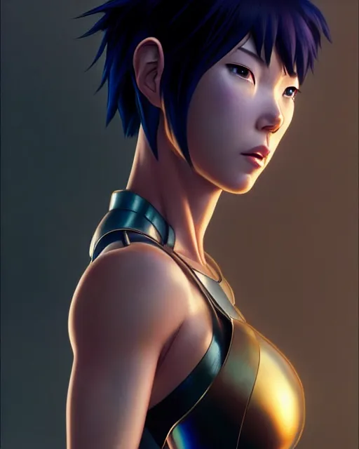 Image similar to weta disney pixar movie still portrait photo of motoko kusanagi the major ghost in the shell : : as cyborg woman by pixar : : by weta, wlop, ilya kuvshinov, rossdraws, artgerm, marvel, maxim cover, latex, octane render, sweaty, iridescent, bright morning, anime, octane render, 3 dcgi : :