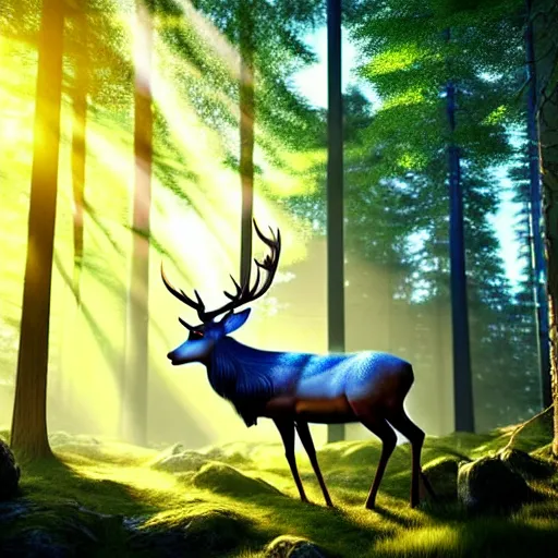 Image similar to beautiful hyper realistic stag. elven, celestial highly detailed magic athmospher. beautiful highly detailed forest background. blue light. sunlight rays throught the trees. intricate, elegant, long shot 8 k rendering.