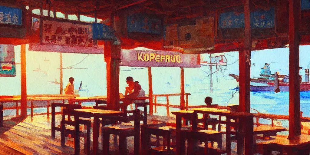 Image similar to interior of a small kopitiam at pulau indah fishing village, near a jetty, early morning, detailed painting, low angle view, telephoto lens, bokeh, studio ghibli, artstation