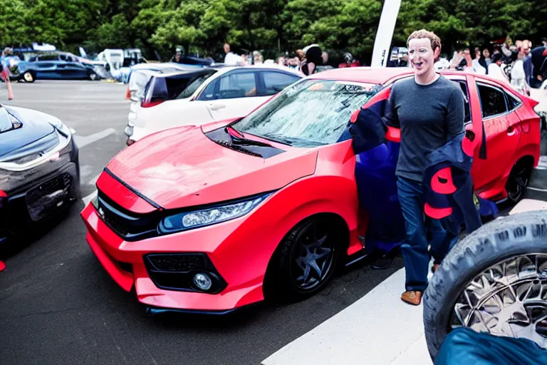 Image similar to mark Zuckerberg and his anime wrapped honda civic at a car show