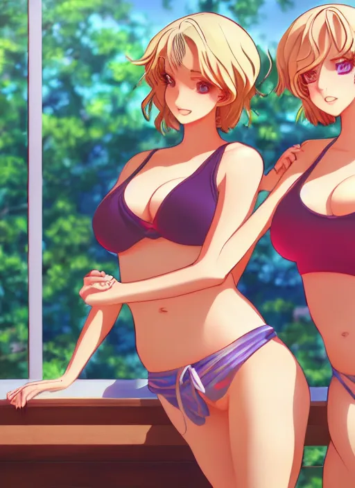 Image similar to two beautiful mothers in a summer home, gorgeous faces, thick lines, cinematic lighting, detailed anime art