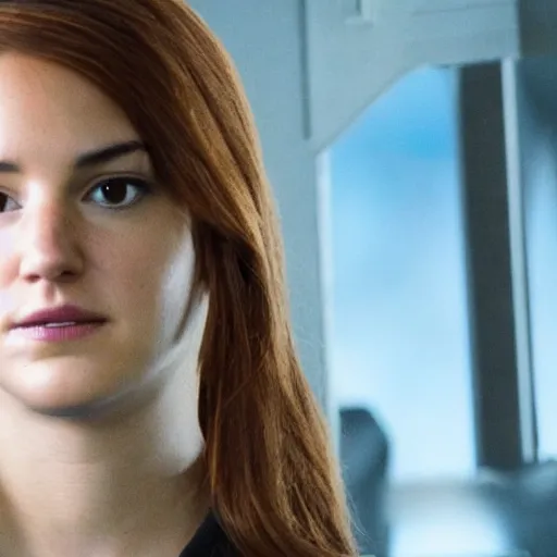 Image similar to A still of Shailene Woodley as Black Widow in Iron Man 2 (2010), close-up