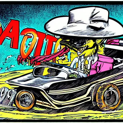 Prompt: gigantic swamp rat driving a hotrod comic - book drawing from mad - magazine pen and ink with full - color artwork, vector svg