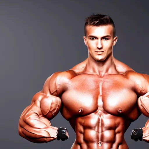 Image similar to a realistic detailed photo of a bodybuilder who is also a male android andrei deiu, shiny skin, posing robotically, blank stare