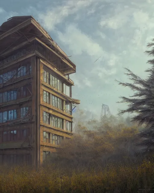 Prompt: a beautiful photorealistic painting of nature abandoned unfinished building building industrial architecture architecture co - op by noah bradley, forest san andreas, archdaily, wallpaper, highly detailed, trending on artstation.