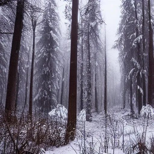 Prompt: a foggy and snowy forest, midnight, camera flash, first person, grainy footage, eerie, snowflakes can be seen reflecting from the phone camera flash, n - 9