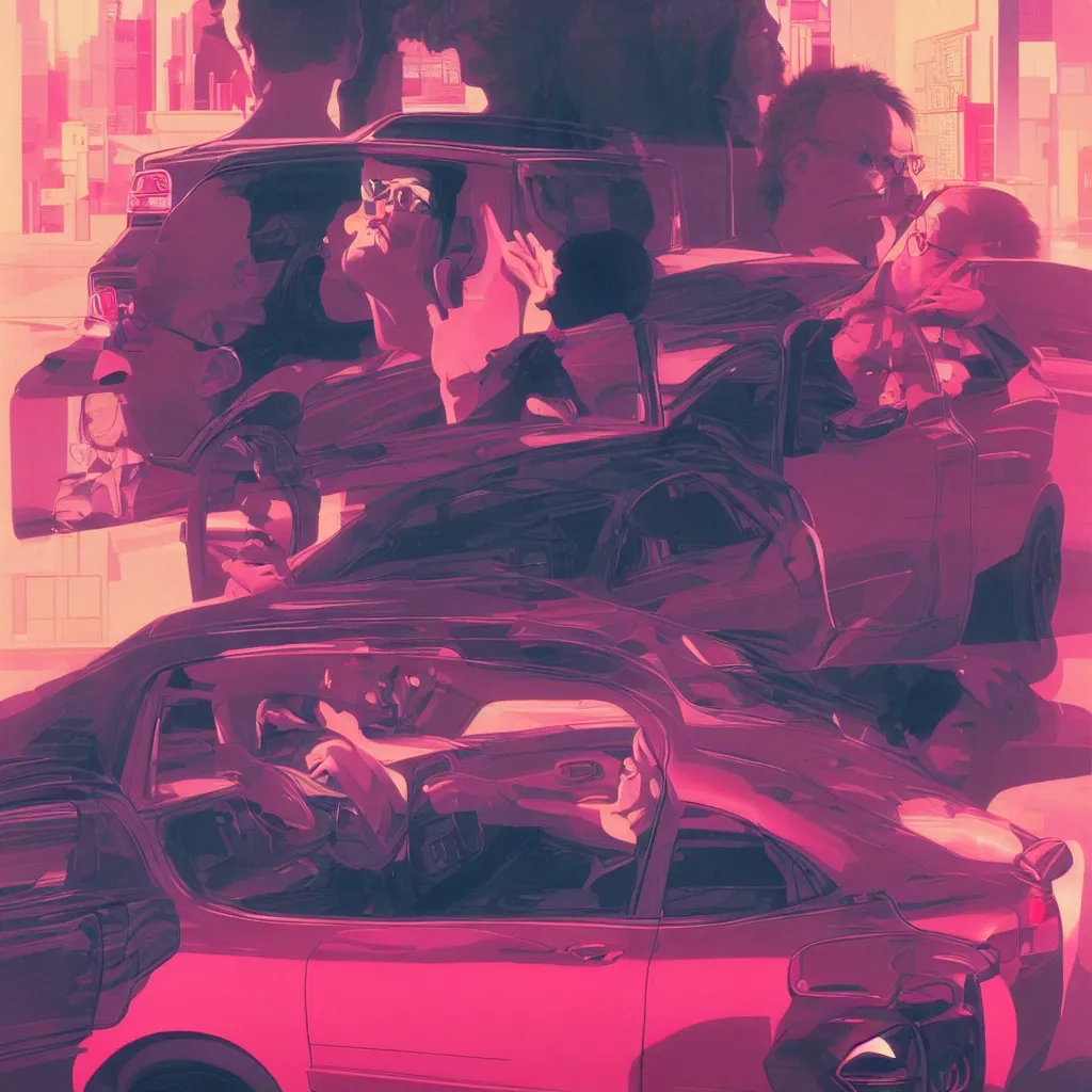 Image similar to weird and disturbing portrait of todd solondz driving a car in new york, vivid colors, death, neon, art by ( ( ( kuvshinov ilya ) ) ) and wayne barlowe and francis bacon and artgerm and wlop and william - adolphe bouguereau