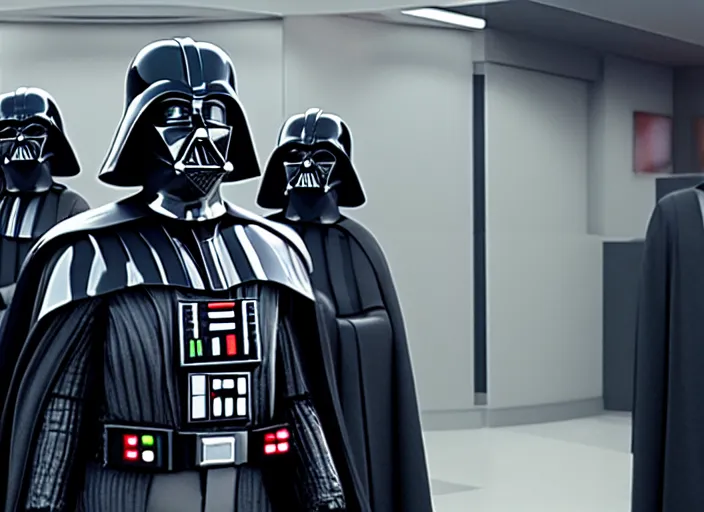 Image similar to film still of Darth Vader waiting in line at the bank in the new Star Wars movie, 4k