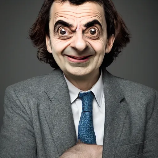 Image similar to A portrait mr bean elizabeth teams up with a teenage mr bean, perfect faces, 50 mm, award winning photography