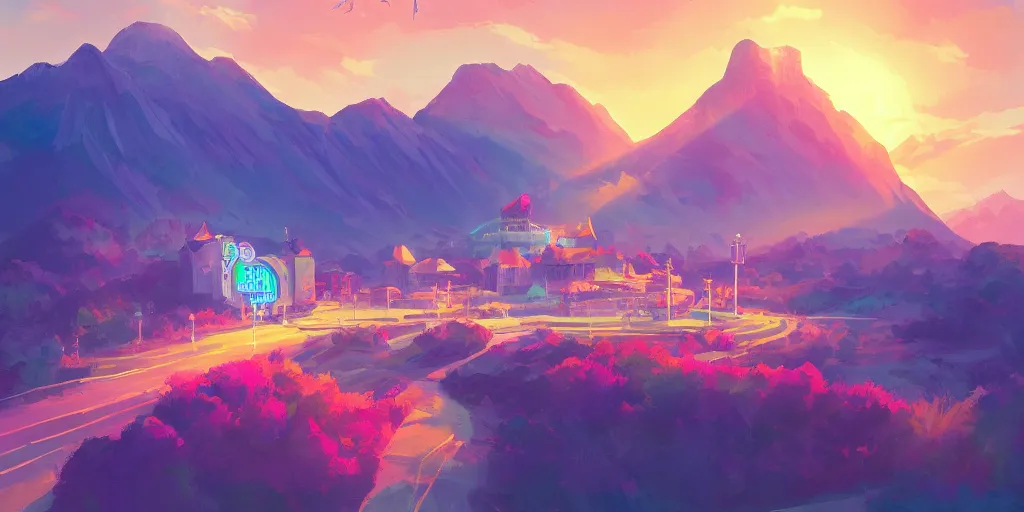 Prompt: a casino over a small mountain, brightly illuminated by rays of sun, artstation, colorful sylvain sarrailh illustration